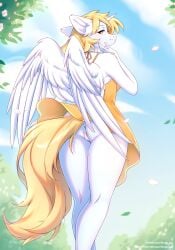 2025 5_fingers alicorn anthro anus ass biped blonde_hair blush breasts clothed clothed_anthro clothed_female clothing cloud day digital_media_(artwork) dress equid equine feathers female female_anthro fensu-san fingers genitals green_eyes hair hasbro hi_res horn looking_at_viewer looking_back looking_back_at_viewer mammal my_little_pony mythological_creature mythological_equine mythology navel outside plant rear_view sky smile solo standing star_nai tail teeth tree vulva wings yellow_eyes yellow_tail