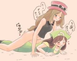 azumanishiki blush bottomless clothed_sex female futa_with_female futanari hat highres lying non-web_source on_stomach pokemon pokemon_breeder_(pokemon) pokemon_xy prone_bone serena_(pokemon) sex sex_from_behind sex_through_torn_clothes simple_background sunglasses torn_clothes