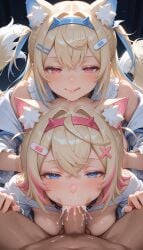 1boy 2girls blush collar cum cum_in_mouth dog_ears dog_girl fellatio fuwawa_abyssgard guided_fellatio hands_on_another's_head hands_on_head hololive hololive_english large_breasts large_penis mococo_abyssgard penis saliva smile straight testicles twins virtual_youtuber