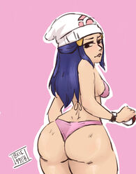 aged_up ass ass_shot big_ass bikini blue_hair dawn_(pokemon) fat_ass female girl looking_back nintendo pokemon pokemon_dppt smug solo swimsuit t0xicfroggy tagme wedgie