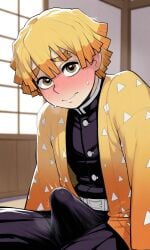 1boy ai_generated big_penis black_pants black_shirt blonde_hair blush demon_slayer demon_slayer_uniform erection erection_under_clothes eyes_open haori indoors kimetsu_no_yaiba pixai self_upload sitting solo superdomfuta sweating two_tone_hair zenitsu_agatsuma