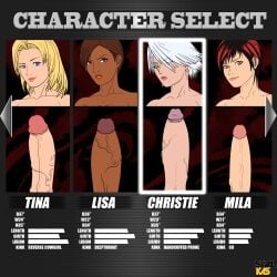 4futas blonde_female blonde_hair brown_hair character_profile character_select character_sheet christie_(doa) dark-skinned_futa dark_skin dead_or_alive dead_or_alive_5 dead_or_alive_6 disembodied_penis female fighting_game foreskin futanari intersex la_mariposa large_penis light-skinned_futa light_skin lisa_hamilton mila_(doa) pale_skin penis red_hair savalkas smile tina_armstrong uncircumcised uncut veiny_penis white_hair