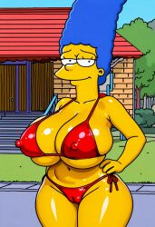 ai_generated cameltoe latex_bikini marge_simpson massive_breasts nipples_visible_through_clothing smiling_at_viewer the_simpsons