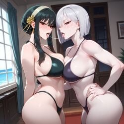 2girls ai_generated ass big_breasts bikini bikini_bottom bikini_top black_hair cum cum_in_mouth cum_string female female_focus female_only fiona_frost looking_at_viewer red_eyes spy_x_family white_hair yor_briar yor_forger
