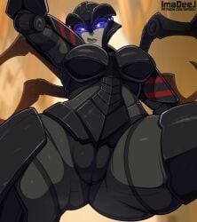 airachnid busty female_only glowing_eyes looking_at_viewer looking_down mommy purple_eyes robot_girl sfw thick_ass thick_thighs transformers transformers_one