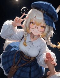 1boy ai_generated blonde_hair blue_hat blue_skirt blush female handjob hat indie_virtual_youtuber kanna_yanagi large_breasts large_penis peace_sign penis straight tail testicles v virtual_youtuber white_shirt yellow_eyes