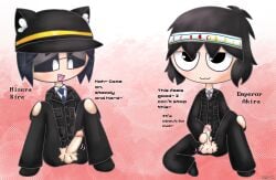 2boys black_uniform blush blushed blushing_male blushing_profusely cartoony cat_hat clothed dialogue emperor_akira english_text enjoying genitalia genitals glasses hard_cock hard_penis headband kouhiro_empire light-skinned_male looking_up male male/male male_only masturbation misera_kira miseraquila_(copyright) nec-12 neko neko_boy pink_background presenting_penis presidents short_hair soldier_hat soldier_uniform solider text throbbing_penis toony trying_to_cum twitching_penis uniform watermark