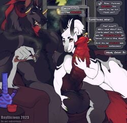 2023 anthro anthro_on_anthro artist_name ass balls barbell_piercing big_balls big_penis black_body black_fur bong butt_grab canid canine dated drugs duo english_text female fur genitals green_eyes green_nipples grey_body grey_fur hair hand_on_butt horn huge_balls huge_cock knot male male/female mammal marijuana marijuana_blunt muscular muscular_anthro muscular_male narrowed_eyes nipple_barbell nipple_piercing nipples nude open_mouth penis piercing rayliicious red_horn ridged_penis sitting smile smoke smoking species_request speech_bubble text white_body white_fur white_hair yellow_eyes