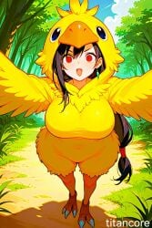(titancore) ai_generated big bird bird_costume bird_feet bird_girl bird_hat black black_hair breasts chocobo cosplay final_fantasy_vii outfit single_girl tifa_lockhart video_game_character yellow_bird