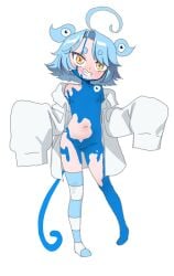 ahoge bare_shoulders female highres indie_virtual_youtuber long_sleeves luckycharm(mittydotx) mittydotx(vtuber) navel nazar_(amulet) nude oversized_clothes oversized_shirt sahelanthropus_(latinxedgelord) shirt short_hair simple_background single_sock slime_(creature) socks symbol-shaped_pupils thighhighs white_background white_shirt x-shaped_pupils yellow_eyes