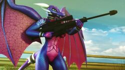 cloud fishnet_legwear fishnets gun holding holding_weapon horns long_hair no_humans polearm red_skin sky sniper_rifle solo spear weapon