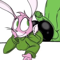 1boy1girl animated anthro bubble_butt bunny bunny_ears bunnygirl buttjob erection fart fart_cloud fart_fetish fart_on_dick farting farting_on_dick fartjob green_eyes hot_dogging looking_back seductive seductive_look seductive_smile simple_background sound sweater tagme thick_ass tight_shorts video white_background
