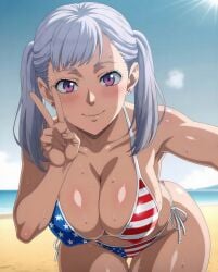 1female 1girls ai_generated american_flag_bikini beach bending_over big_breasts bikini black_clover blush blushing_at_viewer blushing_female breasts breasts_focus female_focus female_only large_breasts noelle_silva outdoors purple_eyes shiny_skin solo solo_female sunny tagme wet wet_body white_hair peace_sign