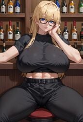 abs ai_generated bangs black_pants black_shirt blonde_hair blue_eyes breasts covered_nipples denim female franham_(style) glasses head_rest huge_breasts long_hair looking_at_viewer midriff muscular muscular_female navel original pants self_upload shirt sitting spread_legs thighs