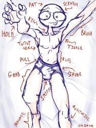1boy arrow_(symbol) artist_name artist_upload bald blue_seam_briefs blue_seam_underwear briefs calzcrom circle_head english english_text laying_down laying_on_back laying_on_bed male male_focus male_only male_underwear nerd nerdy_male nipples original pale_skin pathetic text tighty_whities twink underwear white_briefs