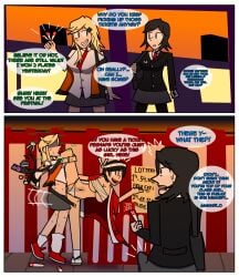 1girls 2futas black_hair blonde_hair casual_sex change_in_common_sense clothed_sex comic comic_strip crash2262 ear_piercing erection_under_skirt faceless_futa festival futa_on_female futanari green_eyes gyaru happi_(clothing) lottery public public_sex saliva sarashi school_uniform self_upload shocked shocked_expression short_hair snot sweat sweating tagme tie turquoise_eyes