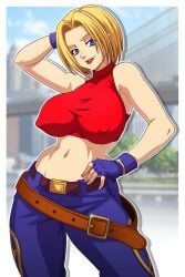 1girls areolae big_breasts blonde_hair blue_eyes blue_mary bob_cut breasts breasts_out exposed_breasts fatal_fury female fingerless_gloves gloves hand_behind_head hand_on_hip hips hourglass_figure jeans king_of_fighters lipstick looking_at_viewer nipples one_hand_behind_head partially_clothed posing red_lipstick sano-br smile snk solo solo_female solo_focus thighs top_lift voluptuous wide_hips