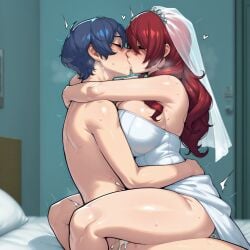 1boy 1boy1girl 1girls ai_generated ambiguous_penetration blue_hair bride digbyai female female kissing kissing makoto_yuki male male/female mitsuru_kirijo persona persona_3 red_hair sex straight tagme wedding_dress wedding_lingerie