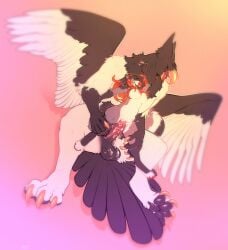 anthro anthro_on_anthro anthro_penetrated anthro_penetrating anthro_penetrating_anthro avian balls black_balls black_body black_feathers black_hair black_pawpads black_tail bodily_fluids closed_eyes cum cum_in_vagina cum_inside cum_splatter duo feathered_wings feathers female female_anthro female_penetrated fur genital_fluids genitals grey_body grey_fur hair hi_res male male/female male_anthro male_penetrating male_penetrating_female multicolored_hair nipples nude open_mouth pawpads penetration penile penile_penetration penis_in_vagina red_eyes red_hair red_nipples red_tongue seraphictiger sex size_difference species_request tail tail_feathers tongue two_tone_hair vaginal_penetration vaginal_penetration white_body white_fur wings