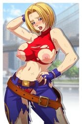 1girls areolae big_breasts blonde_hair blue_eyes blue_mary bob_cut breasts breasts_out exposed_breasts fatal_fury female fingerless_gloves gloves hand_behind_head hand_on_hip hips hourglass_figure jeans king_of_fighters lipstick looking_at_viewer nipples one_hand_behind_head partially_clothed posing red_lipstick sano-br smile snk solo solo_female solo_focus thighs top_lift voluptuous wide_hips