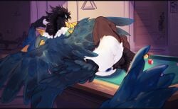 absurd_res anthro anus ass avian ballhawk balls billiard_table bird blue_anus corvid dragon ekagos exhibitionism feathered_tail feathers furniture genitals gindrax_landrius hair hi_res horn hybrid looking_back magpie_(corvid) male mythological_creature mythological_scalie mythology nonbinary_(lore) nude oscine passerine presenting presenting_hindquarters scalie solo spread_wings table tail wings