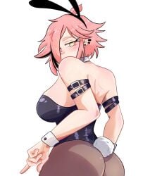 ahoge ass big_ass big_breasts blush breasts collar ear_piercing eyelashes feathers gomu4rt hair_over_one_eye heart_eyes heart_pupils heterochromia huge_ass huge_breasts looking_back mesh mesh_clothing mesh_stockings neneefthy piercing pink_eyes pink_hair playboy_bunny rabbit_ears short_hair sideboob simple_background two_tone_hair white_background white_skin yellow_eyes