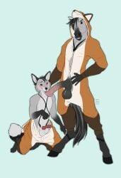 absurd_res animal_genitalia animal_penis anthro balls blush canid canine clothed clothing digital_media_(artwork) duo equid equine erection fox genitals haru_(haru3d) hi_res horse male male/male mammal penis sunliine tail
