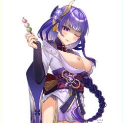 41008030 absurdres artist_name back_bow blunt_bangs blush bow braid breasts breasts_out bridal_gauntlets clothing_cutout commentary_request dango fan_hair_ornament female flower food from_side genshin_impact gradient_hair hair_flower hair_ornament hair_ribbon hand_up head_tilt highres holding holding_food japanese_clothes kimono large_breasts long_braid long_hair looking_at_viewer looking_down mitsudomoe_(shape) mole mole_under_eye multicolored_hair neck_ribbon off_shoulder one_eye_closed open_mouth panties pink_lips puffy_nipples purple_eyes purple_flower purple_hair purple_kimono purple_nails purple_ribbon raiden_shogun red_ribbon red_sash ribbon sash shade shaded_face shoulder_cutout simple_background single_braid solo standing streaked_hair sweets thighs tomoe_(symbol) underwear wagashi white_background
