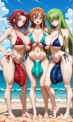 ai_generated beach big_breasts big_bulge big_penis bikini blue_bikini c.c. code_geass dark_blue_bikini enormous_balls enormous_breasts enormous_bulge enormous_penis futanari green_hair huge_breasts huge_cock intersex kallen_stadtfeld looking_at_viewer orange_hair red_bikini red_hair shirley_fenette