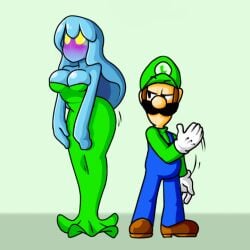 1boy 1girls a-gal anthro blue_body blue_overalls blush cleavage clothing dress duo facial_hair female gloves green_dress green_hat green_shirt hat hourglass_figure humanoid humanoid_female humanoid_male jellyfish jellyfish_sisters long_hair looking_at_ass luigi male male/female mario_(series) mario_and_luigi:_superstar_saga mario_and_luigi_(series) merri_(mario) moustache nintendo nipple_slip overalls shirt slapping_ass voluptuous voluptuous_female