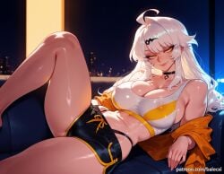 ahoge ai_generated balecxi black_choker black_shorts cleavage couch female highleg highleg_panties large_breasts long_hair looking_at_viewer navel off_shoulder patreon_username short_shorts smile solo thighs white_hair yellow_eyes yixuan_(zenless_zone_zero) zenless_zone_zero