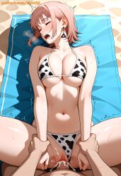 1boy 1girls ai ai_generated anime anime_style bikini chainsaw_man chiriai cowprint cum_in_pussy fami_(chainsaw_man) female female_orgasm high_resolution highres holding_another's_wrist male missionary missionary_position on_back patreon patreon_username pov pussy saliva sweat sweating thick_thighs vaginal_penetration wrist_grab