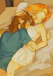 bed bedroom blonde_female blonde_hair blush breasts female link link_(breath_of_the_wild) pajamas zelda_(breath_of_the_wild)