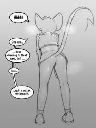 3:4 absurd_res anthro ass bodily_fluids bottomless bottomless_female bottomwear clothed clothing clothing_lift dialogue english_text female footwear genitals hi_res mammal milachu milachu92 monochrome mouse murid murine pussy raised_tail rodent shoes skirt skirt_lift solo sweat tail text vulva