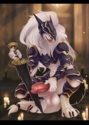 2024 animal_genitalia animal_penis anthro armor balls big_penis biped bracers breastplate canid canine canine_genitalia canine_penis canis claws crouching digital_media_(artwork) digitigrade elden_ring erection finger_claws fromsoftware fur genitals hair hand_on_own_penis hand_on_penis headgear helmet hi_res holding_melee_weapon holding_object holding_sword holding_weapon long_hair male male_anthro maliketh_(elden_ring) mammal melee_weapon miraoff pauldron paws penis red_penis solo sword toe_claws weapon white_balls white_body white_fur white_hair wolf