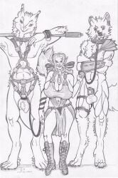anthro balls big_balls big_breasts biped bondage_gear boots breasts canid canine canis chastity_device clothed clothed_female clothing collar dominant dominant_female dominatrix ear_piercing elf faldarea female footwear fornoir genitals group guglehupf hi_res huge_breasts hugo_(guglehupf) humanoid jewelry leash male mammal muscular muscular_anthro muscular_male navel navel_piercing piercing pointy_ears scar sergal shoes size_difference slave string_bow traditional_media_(artwork) trio weapon wolf