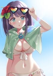 :o absurdres arm_up bikini blue_eyes breasts capelet female flag_print flag_print_bikini floral_print flower green_capelet hair_flower hair_ornament halterneck heart heart-shaped_eyewear highres large_breasts lens_flare looking_at_viewer medium_hair misora_(princess_connect!) misora_(summer)_(princess_connect!) naked_capelet o-ring o-ring_bikini o-ring_top official_alternate_costume overexposure princess_connect! print_bikini purple_hair red_flower see-through_silhouette side-tie_bikini_bottom solo ssaaggwwaa sun sunglasses sunlight swept_bangs swimsuit upper_body