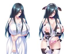 1girls before_and_after big_breasts black_hair blush censored collar corruption cow_bikini cow_ears cow_ears_headband cow_print enslaved female frown fuck_me_eyes game_cg ghost_girl hachishakusama hasshaku-sama horny horny_female huge_breasts lewd_crest light-skinned_female long_hair miel miel_(company) mind_break nipple_holes nipples_out nipples_visible_through_clothing pierced_clitoris pierced_nipples pregnant pregnant_belly pubic_tattoo revealing_clothes sad slave slutification submissive_female sundress t-28 tattoo thighhighs tongue_out white_dress