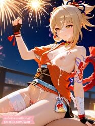 1girls ai_generated artist_name ass blush breasts curvy digital_media_(artwork) female female genshin_impact indoors naked nude sex straight thighs uncensored vagina vaginal_penetration waifi watermark yoimiya_(genshin_impact) yuri