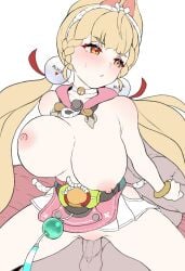 1boy :o alice_thymefield animal_ears blush bouncing_breasts braid breasts censored daram_(shappydude) female heterochromia highres hip_vent huge_breasts low_twintails mosaic_censoring nipples orange_eyes reverse_cowgirl_position sex sex_from_behind simple_background straddling straight sweatdrop swimsuit twintails unfinished vaginal_penetration white_background yellow_eyes zenless_zone_zero