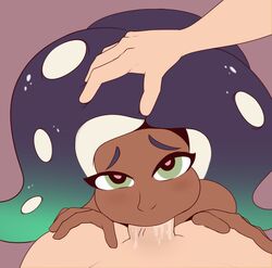 bhloopy blowjob dark-skinned_female dark_skin deepthroat fellatio hand_on_head hand_on_thigh looking_at_viewer looking_up male_pov marina_(splatoon) nintendo octoling octoling_girl pov saliva smooth_skin splatoon splatoon_2