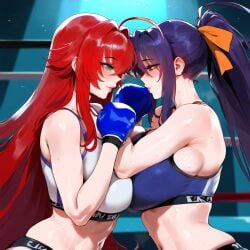 2girls ai_generated akeno_himejima blush breasts breasts_pressed_against_another breasts_to_breasts curvy_females female females_only girlfriends high_school_dxd huge_breasts lesbian_couple looking_at_each_other racerai rias_gremory rias_x_akeno symmetrical_docking voluptuous_female wife_and_wife yuri