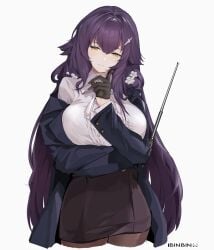 alternate_costume arm_under_breasts artist_name azuma_(azur_lane) azuma_(career_counseling_for_the_groom)_(azur_lane) azur_lane black_gloves black_jacket black_pantyhose black_skirt blush bra bra_visible_through_clothes breasts brown_pantyhose cg closed_mouth collared_shirt cowboy_shot female flower gloves hair_between_eyes hair_flower hair_ornament hairclip half_gloves high-waist_skirt holding jacket large_breasts long_hair long_sleeves looking_at_viewer off_shoulder official_art open_clothes open_jacket orange_eyes pantyhose pointer purple_hair see-through shirt sidelocks simple_background skirt smile solo underwear very_long_hair white_background white_bra white_flower white_shirt yellow_eyes