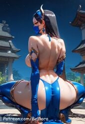 ai_generated armlet bangs bare_legs bare_shoulders belliora black_hair blue_dress blue_footwear blush breasts brown_eyes brown_hair cleavage closed_mouth clothing crop_top dress earrings female female female_only footwear headwear high_heels kitana kitana_(new_era) large_breasts legs long_hair looking_at_viewer mask midriff mortal_kombat mouth_mask mouth_veil navel parted_bangs pelvic_curtain revealing_clothes shoes sitting sleeveless solo stomach thick_thighs thighs tiara very_long_hair