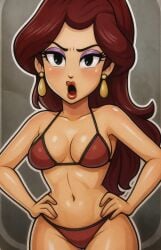 1girls ai_generated bikini bikini_bottom bikini_top brown_hair female mad_face nintendo pauline wet_clothes