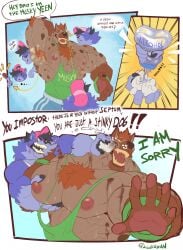 2025 anthro anthro_on_anthro areola armpit_hair barazoku baseball_cap beard biceps big_muscles big_pecs bodily_fluids body_hair bodypaint bottomwear canid canine canis chest_hair claws clothed clothing comic crying dialogue directional_arrow domestic_dog duo emanata english_text eyebrows facial_hair felid fur hair hand_behind_head hat headgear headwear hi_res holding_object huge_muscles huge_pecs humor imposter kemono male male/male mammal manly multiple_scenes muscular muscular_anthro muscular_male musk nipples obliques onomatopoeia open_mouth open_smile pantherine pec_grab pec_squish pecs ritsukaxan ritsukaxan_(character) rubbing_alcohol serratus shirt shorts signature simple_background smile snot sound_effects spots squish standing sweat tank_top tears teeth text text_on_clothing text_on_shirt text_on_tank_top text_on_topwear thick_arms topwear tuft
