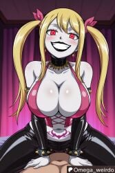 1girl1boy ai_generated bed bedroom bedroom_sex big_breasts big_smile black_lips black_lipstick blonde_female blonde_hair blush choker cleavage corrupted corruption corset cowgirl_position evil_grin evil_smile fairy_tail female huge_breasts indoor_sex latex_pants long_hair looking_at_viewer lucy_heartfilia omega_weirdo pale-skinned_female pale_skin patreon pov pov_sex red_eyes rock_of_succubus sex smile smiling_at_viewer spiked_bracelet straddling twintails white_skin white_teeth womb_tattoo