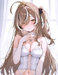 1girls ai_generated belly belly_button blush bridal_gauntlets bride brown_hair hololive hololive_english large_breasts long_hair nanashi_mumei navel virtual_youtuber wedding_ring wedding_veil white_bra white_panties white_sleeves yellow_eyes