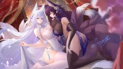 2girls alternate_costume animal_ear_fluff animal_ears azur_lane bare_shoulders black_gloves black_thighhighs blue_eyes blue_nails blush breast_press breasts bridal_gauntlets cg china_dress chinese_clothes cleavage curtains dress facial_mark feet female flower fox_ears fox_girl fox_tail gloves hair_between_eyes hair_ornament huge_breasts jewelry kitsune kneeling kyuubi large_breasts long_hair looking_at_viewer multiple_girls multiple_tails musashi_(azur_lane) nail_polish no_shoes official_art open_mouth panties parted_lips pelvic_curtain purple_hair purple_nails shinano_(azur_lane) signature silver_hair sleeveless sleeveless_dress smile symmetrical_docking tail thighhighs thighs underwear very_long_hair white_dress white_hair white_tail white_thighhighs yellow_eyes yuri