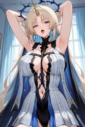 arms_behind_head arms_up blonde_hair cartethyia_(wuthering_waves) crown elf_ears fleurdelys_(wuthering_waves) horn huge_breasts long_hair looking_at_viewer syndweinai teasing tongue tongue_out wuthering_waves